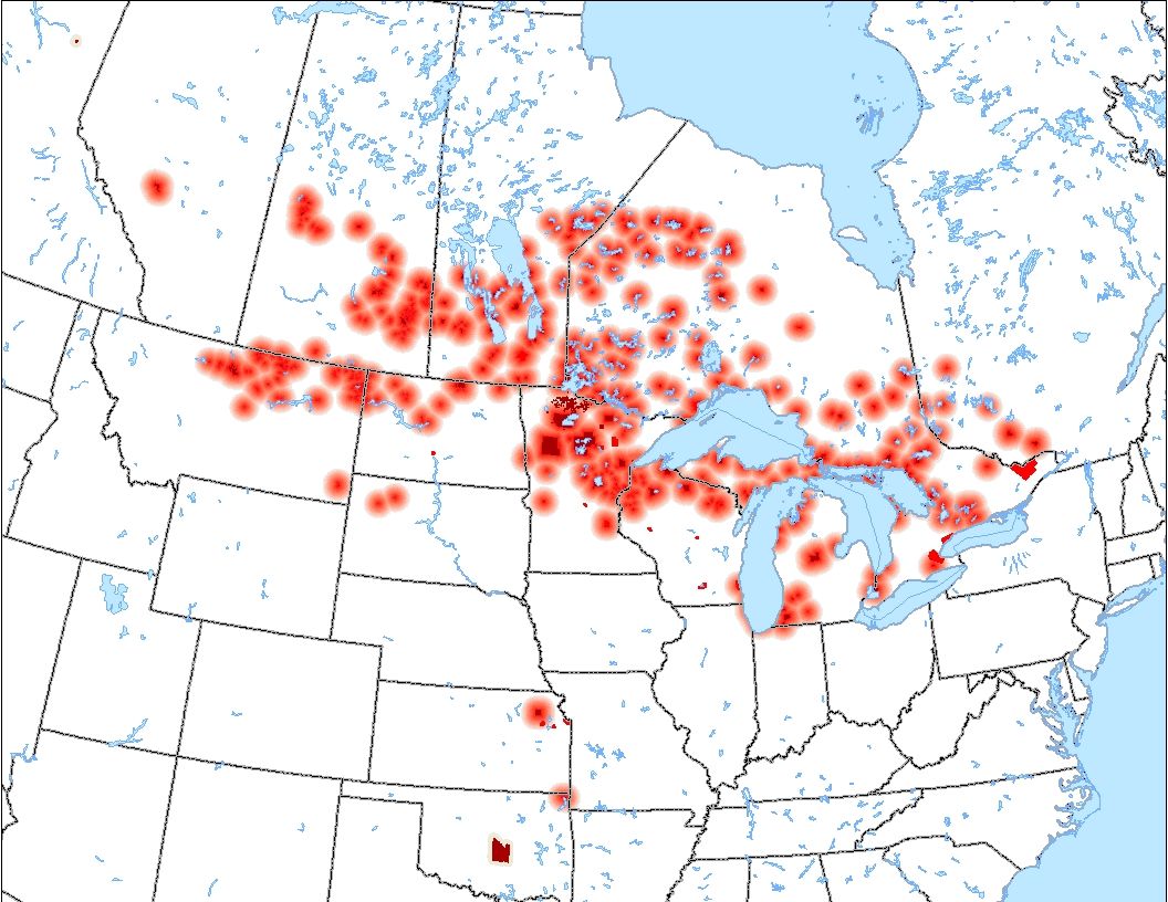 Location of all Anishinaabe Reservations/Reserves in North America, with diffusion rings about communities speaking an Anishinaabe language.