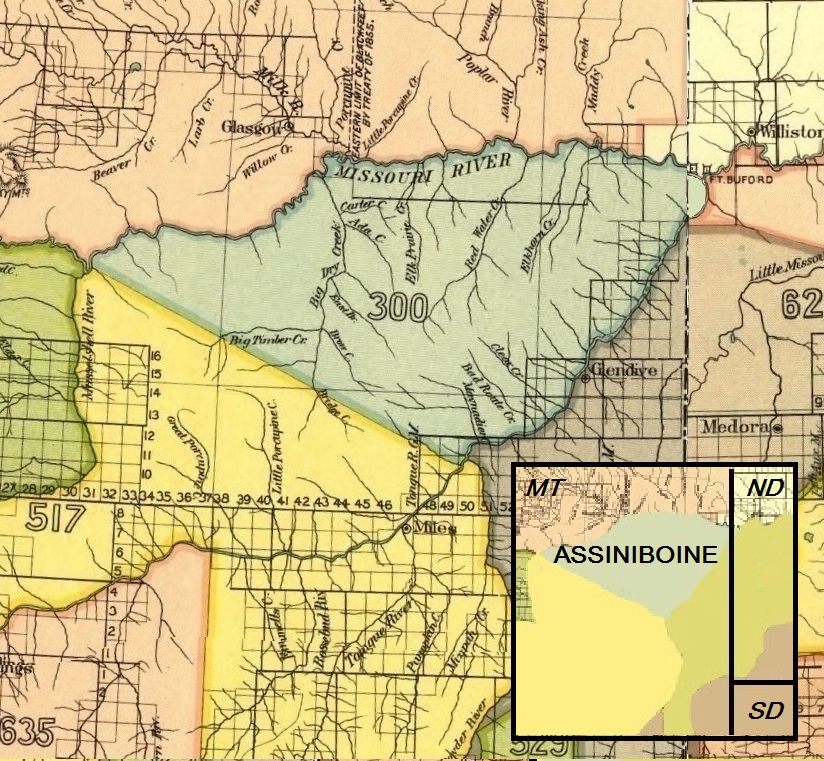 Map showing the Assiniboine Indian territory as described in the Treaty of Fort Laramie (1851), Montana