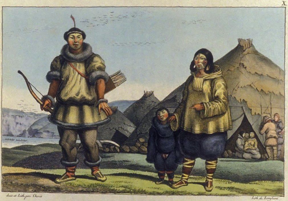 A Chukchi family in front of their home near the Bering strait. Drawing by Louis Choris. Summer 1816.