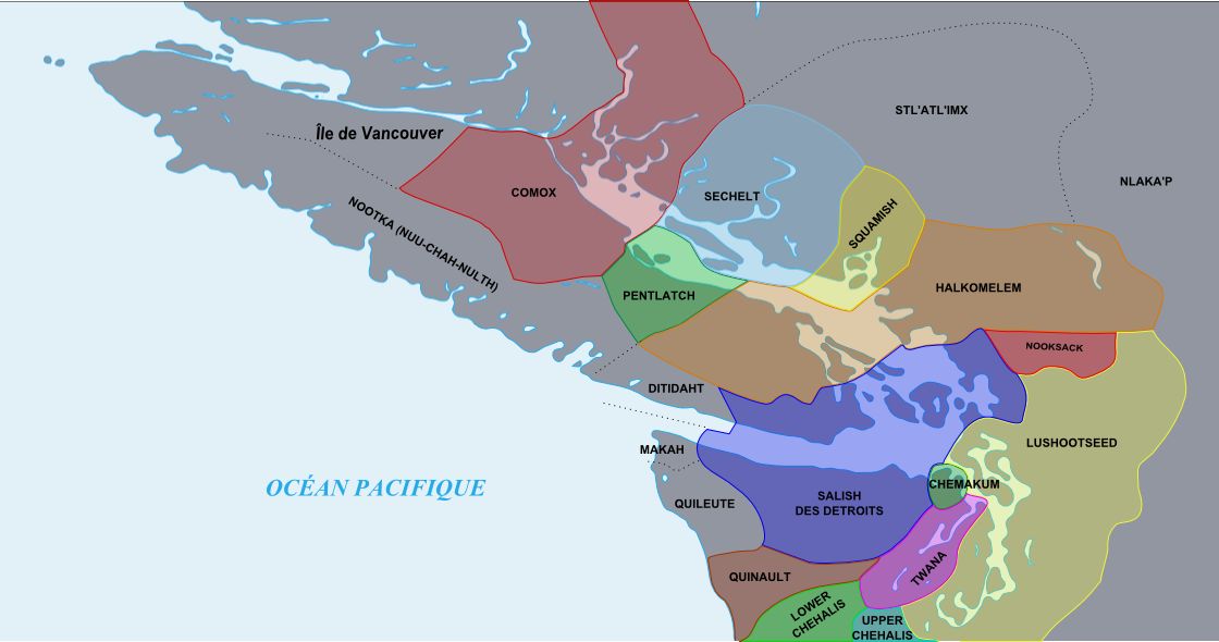 Sujet : Carte des populations salish de la côte (Coast Salish) en Colombie-Britannique au Canada et dans l'état de Washington aux États-Unis