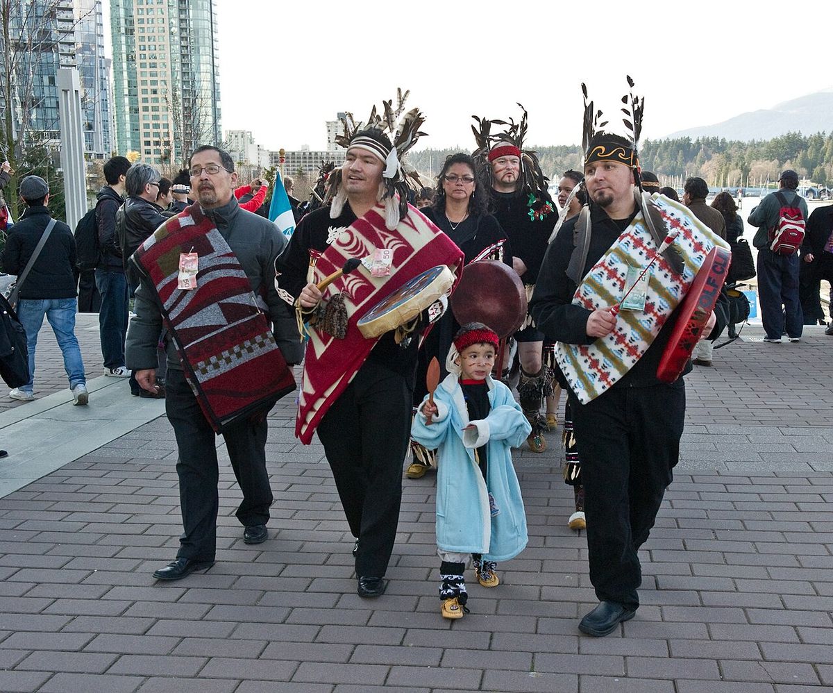 Coast Salish drummers at Vancouver 125 celebrations