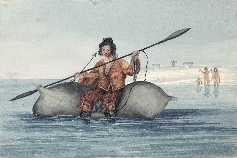 Sadlermiut man on an inflated walrus skin. Captain Lyon's drawing of a Sadlermiut in 1824. The Eskimo came out to the ship on a float of thr