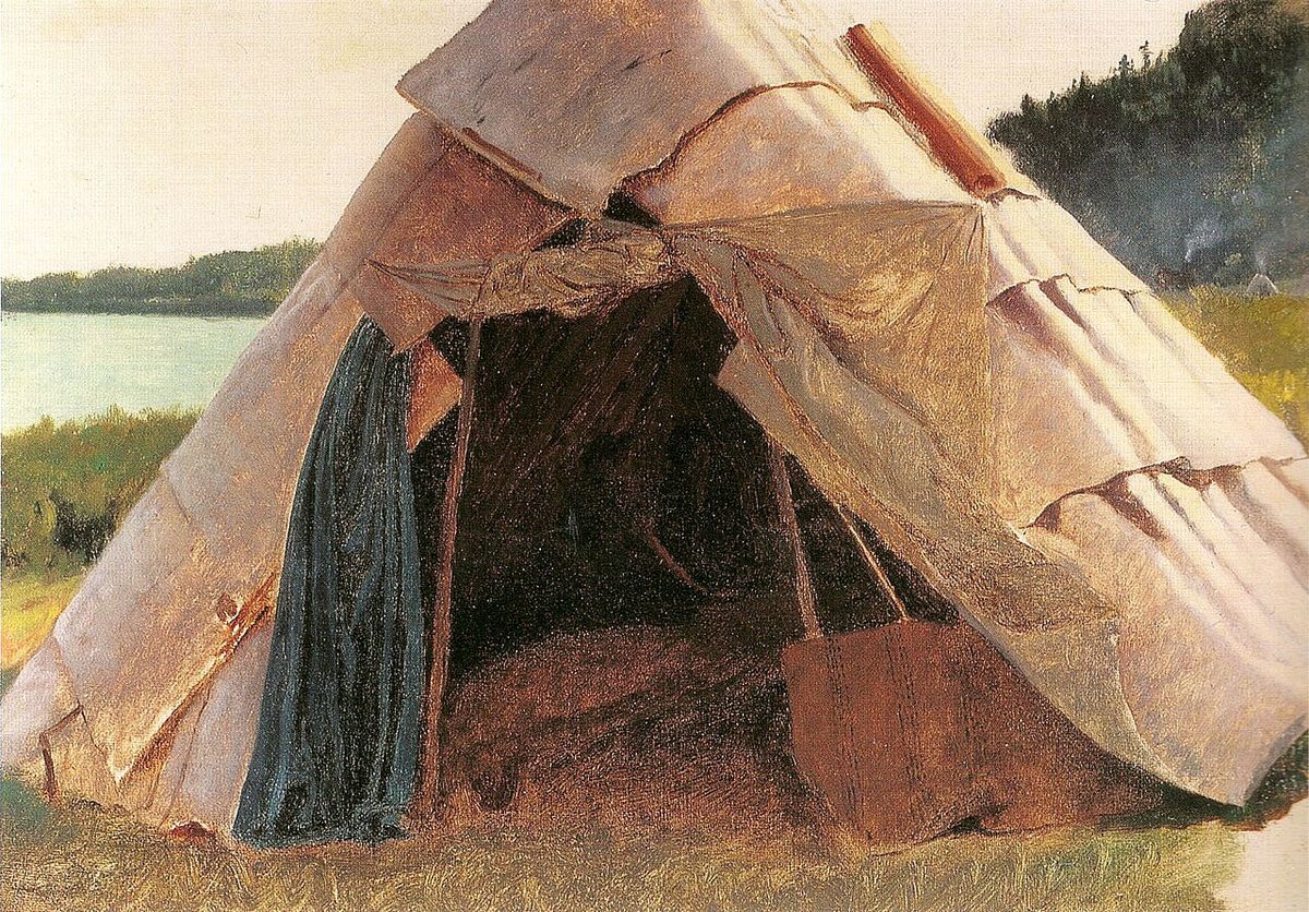 Eastman Johnson - Ojibwe Wigwam at Grand Portage - Oil on canvas 10.25 x 15.2 - 1857 - Scanned from