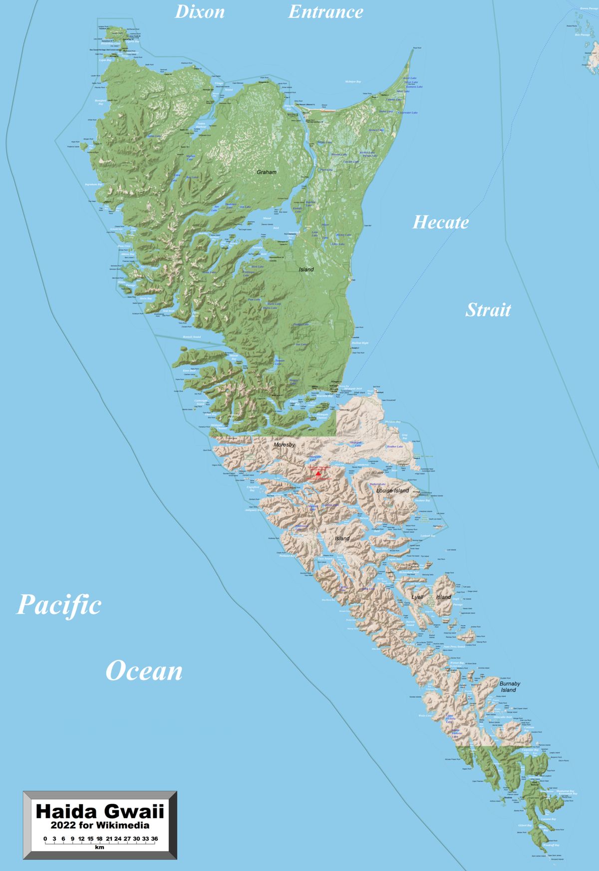 This map of Haida Gwaii shows the islands' towns, villages and some other geographical details, and is likely the most comprehensive map of