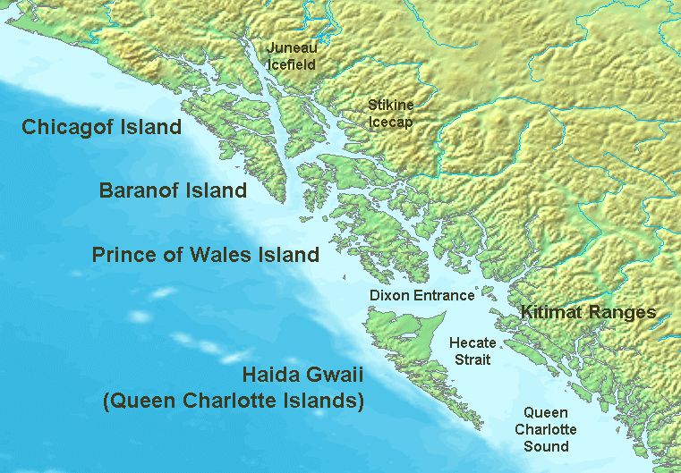 Map of the coast of the Pacific Northwest --- Islands and major straits of the northern American pacific coast showing Prince of Wales Islan