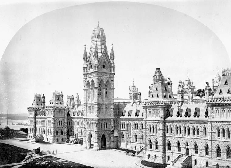 Original Parliament buildings before the 1916 fire in Ottawa, Canada