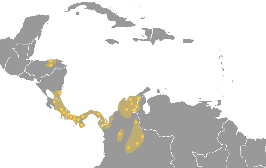 Present locations of Chibchan languages and possible past extension in the 16th century.