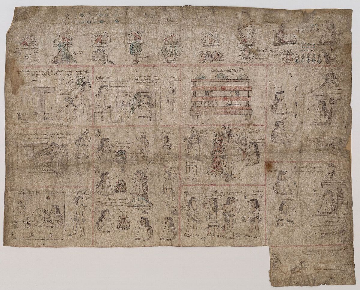Leaf 3 of the Mapa Quinatzin, a 16th-century indigenous pictoral document written in Mexico. This leaf depicts various crimes and their resp