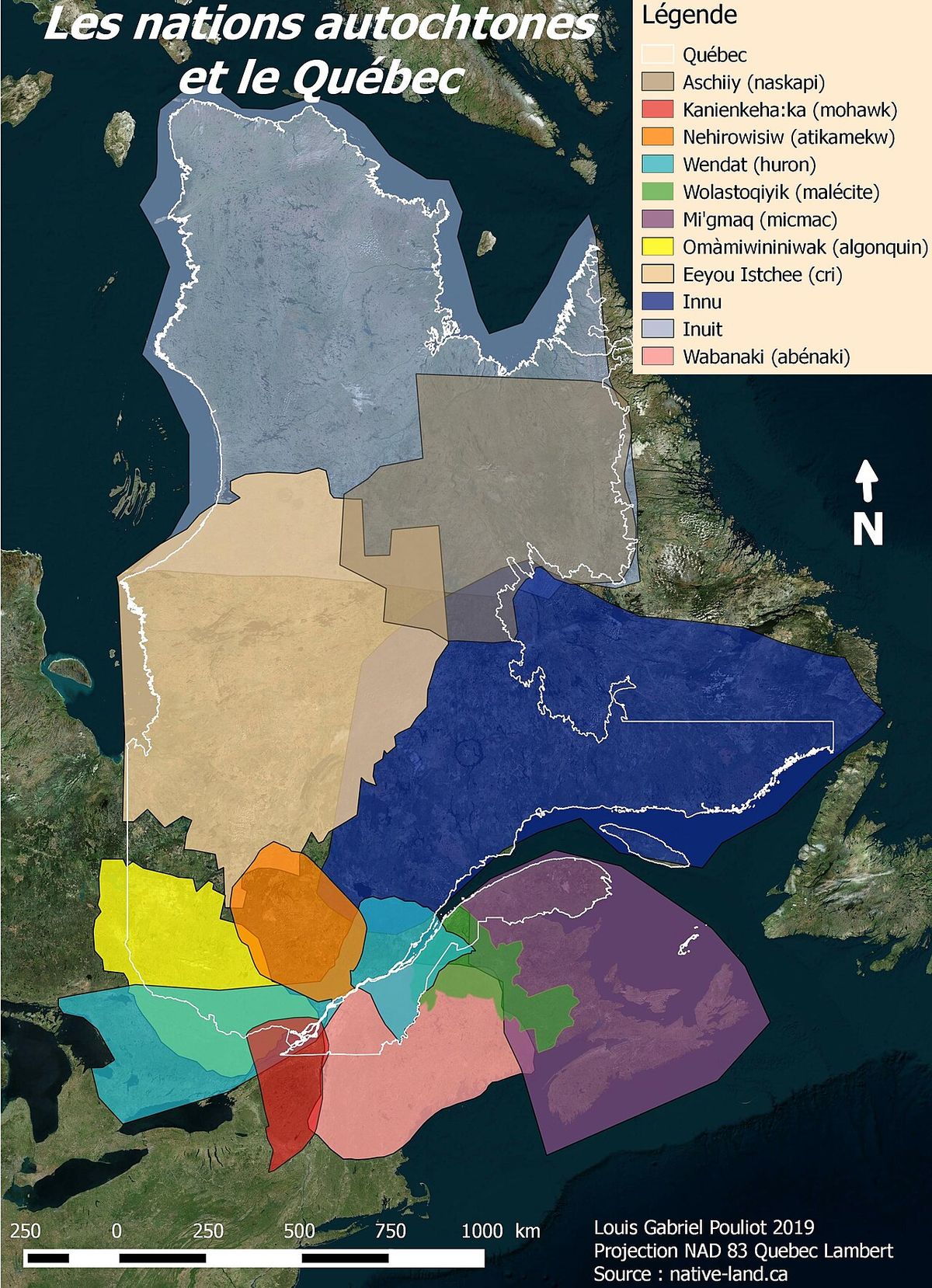 Cette carte est une tentative de représentation spatiale des nations autochtones au Québec avec une approche décoloniale basée sur les donné