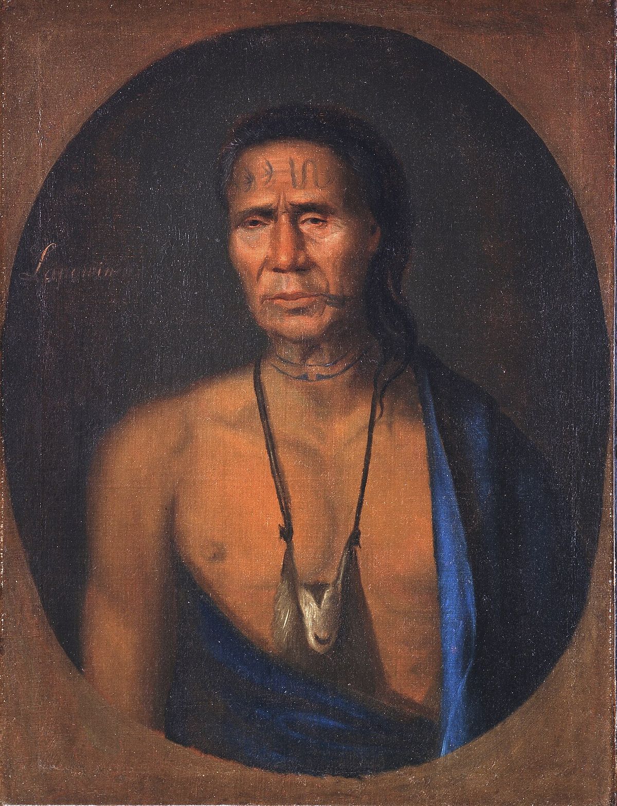 In 1735, Swedish painter Gustavus Hesselius, who lived in Philadelphia, painted this portrait of Lenape chief Lapowinsa, showing his facial