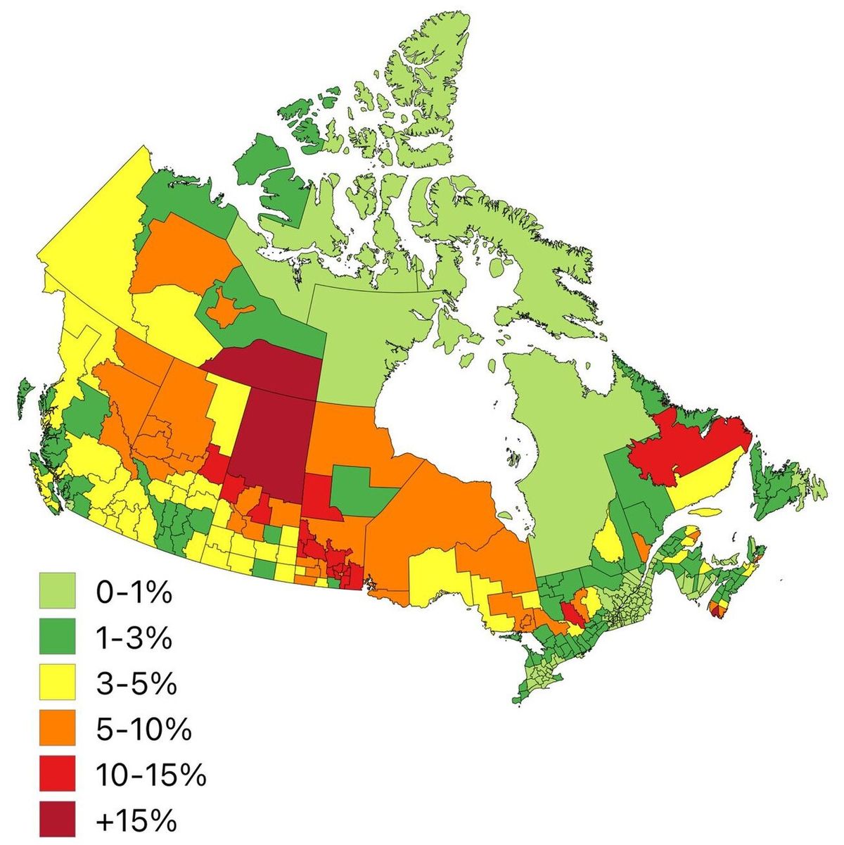 Population distribution of Métis Canadians in Canada by percentage of total population by census division, 2021 census