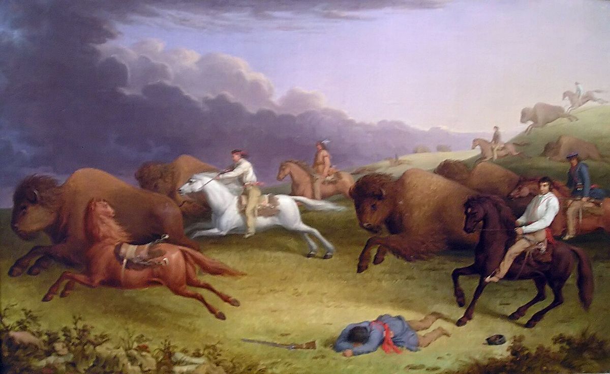 Métis buffalo hunt on the prairies of Dakota in June 1846. The man lying on the ground is Kane himself. Compare the clothing with that on Ka