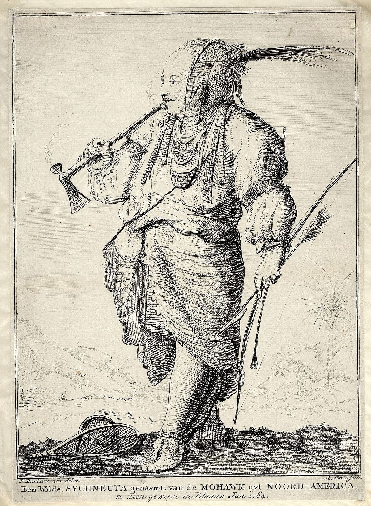 Title: "A Wilde, called Sychnecta, of the Mohawk from North America, seen in Blaauw Jan 1764" Description: A Mohawk Indian that could be see