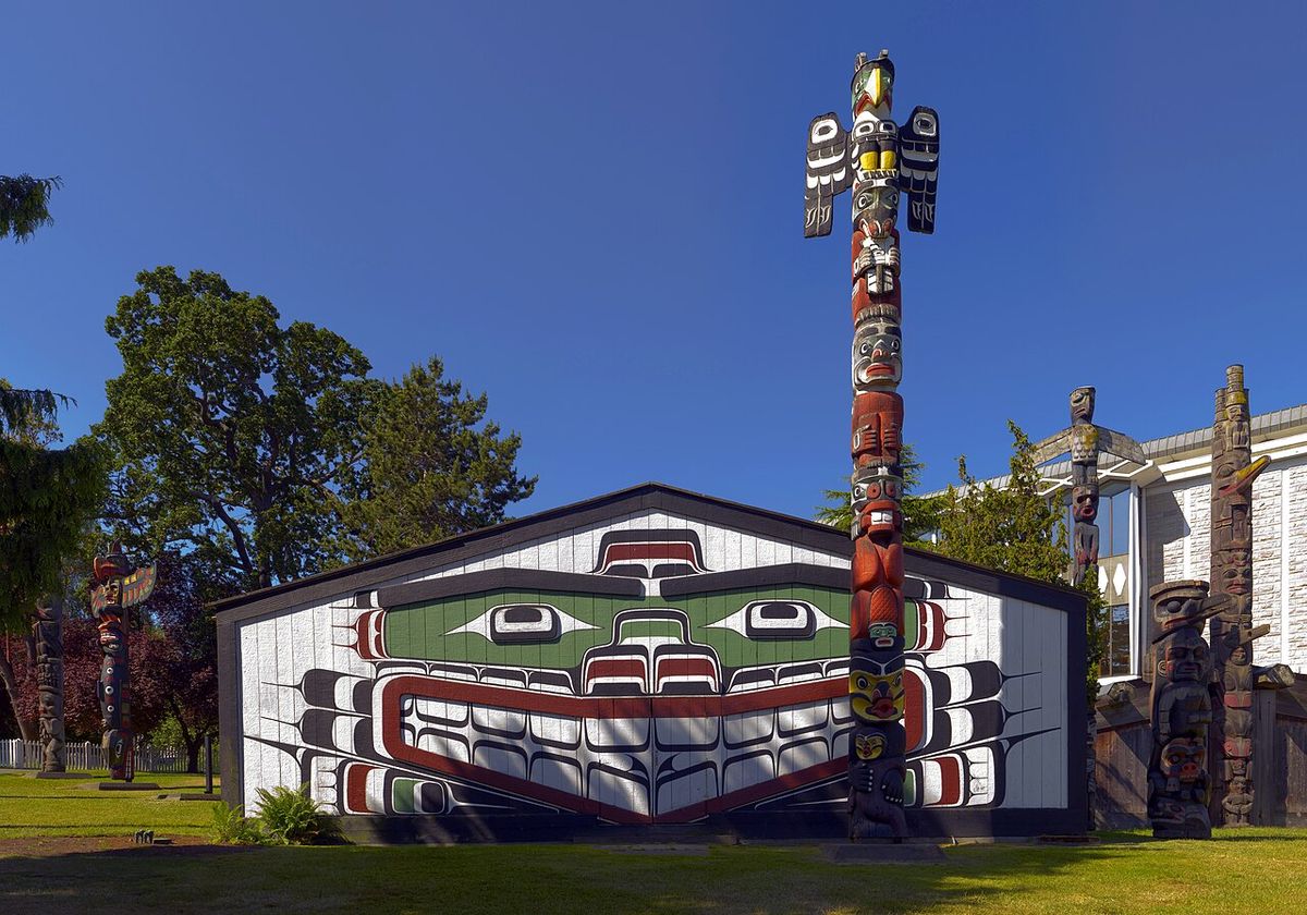 Wawadit'la, also known as Mungo Martin House, a Kwakwaka'wakw "big house", with heraldic pole. Built by Chief Mungo Martin in 1953. Located