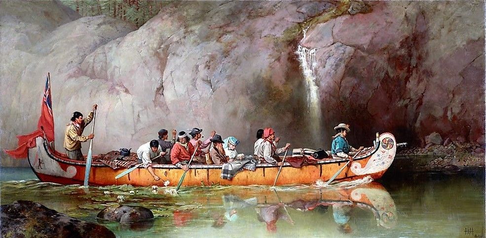 Scene showing a large Hudson's Bay Company freight canoe passing a waterfall, presumably on the French River. The passengers in the canoe ma
