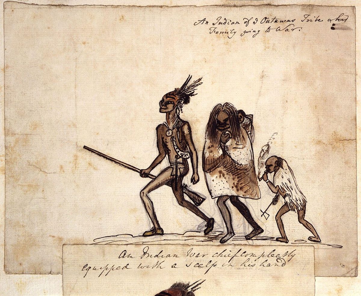 An Indian of ye Outawas Tribe & his Family going to War, by George Townshend, 4th Viscount and 1st Marquess Townshend (died 1807), 1751-1758