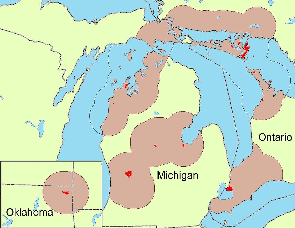 Map showing Odaawaa (Odawa/Ottawa) areas in Ontario, Michigan and Oklahoma. Reserves/Reservations and communities are shown in red.