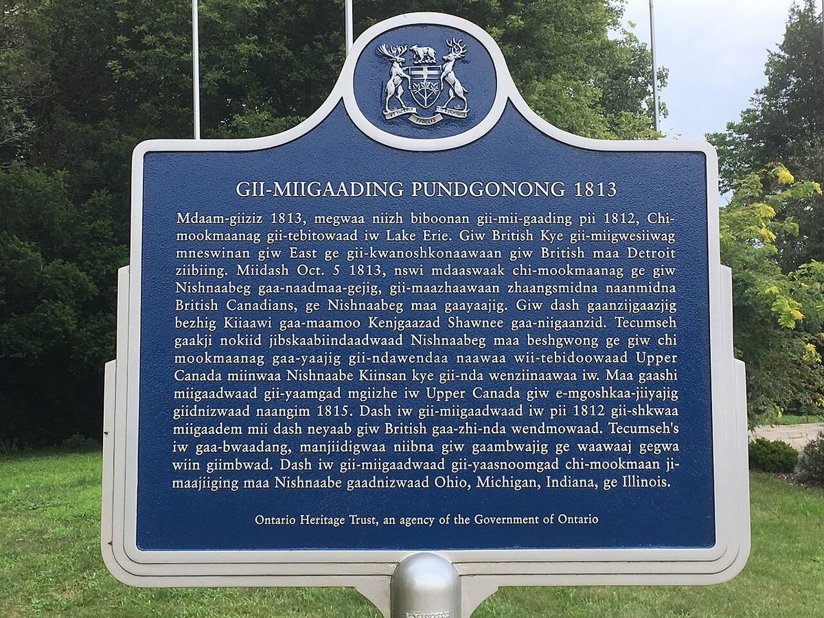 Ontario Heritage Trust plaque in Ojibwe at the Battle of Thames/Tecumseh monument