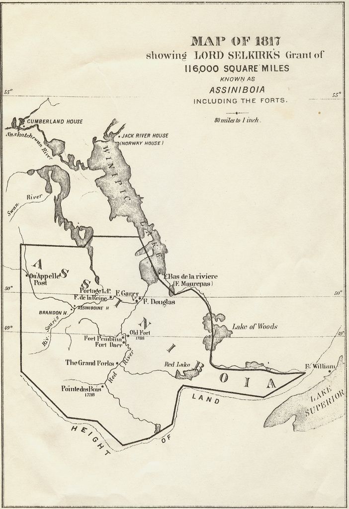 Map illustrating Lord Selkirks 116,000 Square Miles land grant, area which was known as Assiniboia.