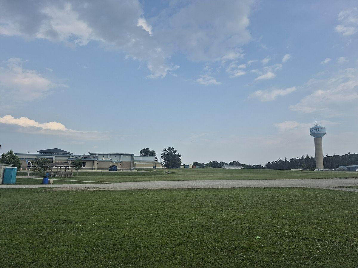 Outside of the Six Nations Sports & Cultural Memorial Centre, this is the water tower and running tracks of Ohsweken.