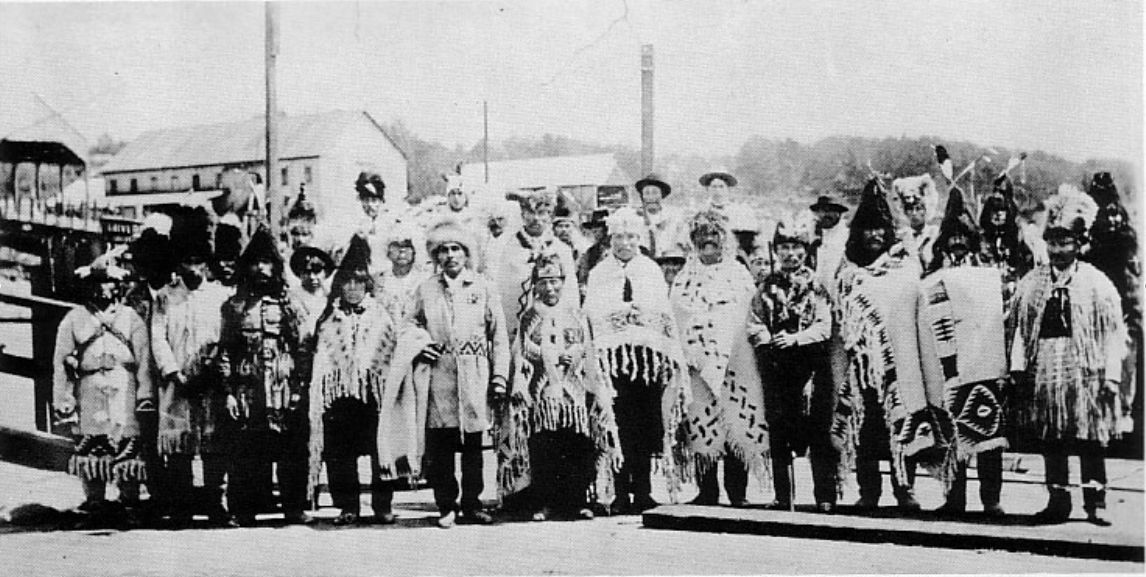 Skwxwu7mesh (Squamish) leaders on North Vancouver warf in 1906 to send Joe Capilano for his trip to England.