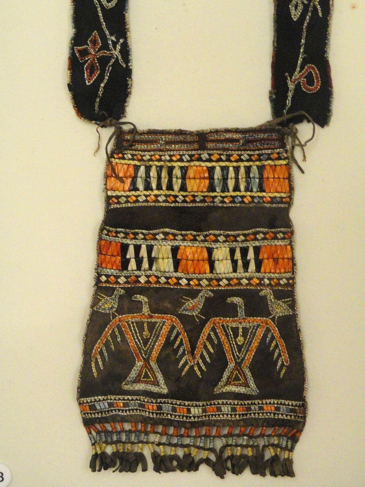 Pouch, southeastern Ojibwa, with porcupine quills, from Boston Museum Collection. Exhibit from the Native American Collection, Peabody Museu