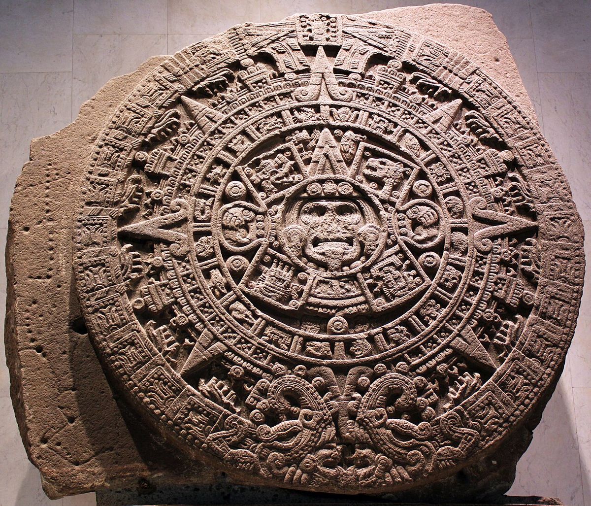 Monolith of the Stone of the Sun, also named Aztec calendar stone (National Museum of Anthropology and History, Mexico City)