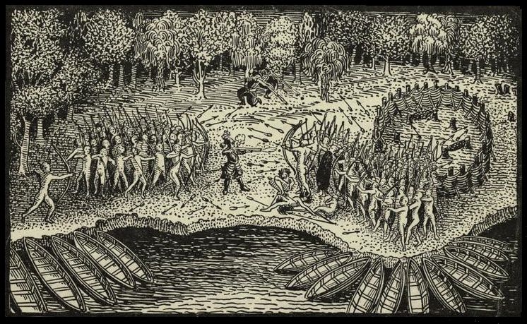 This is an engraving based on a drawing by Samuel de Champlain of his 1609 voyage. It depicts the July 30th battle between Iroquois and Algo