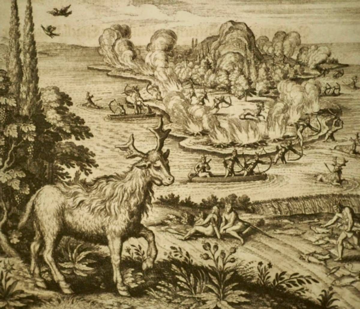 This was an engraving made by Mattheüs Merian (1593-1650) illustrating a description of Abanaki/Wabanaki hunting on Mount Desert Island peop