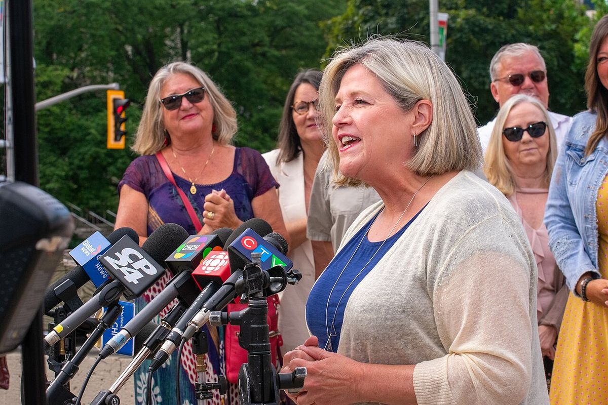 Andrea Horwath launches her Hamilton mayoral campaign on Commonwealth Square with Hamilton City Hall in the background.