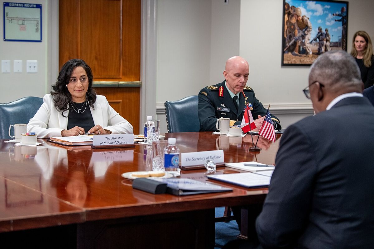 Secretary of Defense Lloyd J. Austin III speaks with Canadian Defense Minister Anita Anand during a bilateral meeting at the Pentagon, Arlin