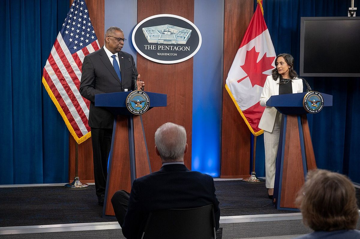 Secretary of Defense Lloyd J. Austin III and Canadian Defense Minister Anita Anand participate in a joint press conference at the Pentagon, 