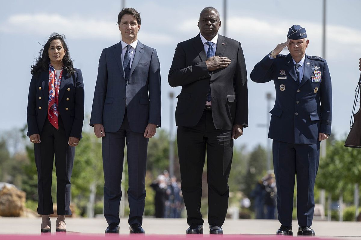 Canadian Minister of Defence Anita Anand, Canadian Prime Minister Justin Trudeau, Secretary of Defense Lloyd J. Austin III and U.S. Air Forc