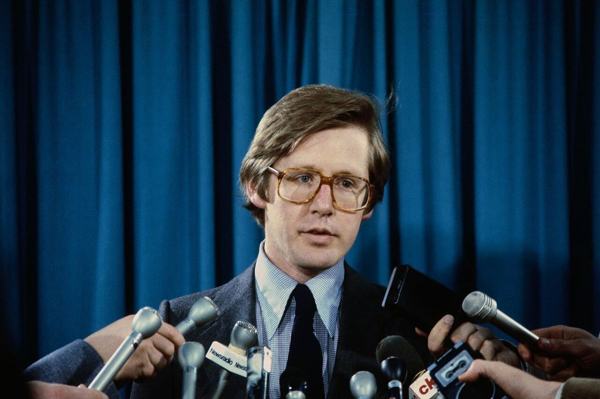 Canadian MP Bob Rae, of the New Democratic Party, speaking at a press conference, Canada, 1980.