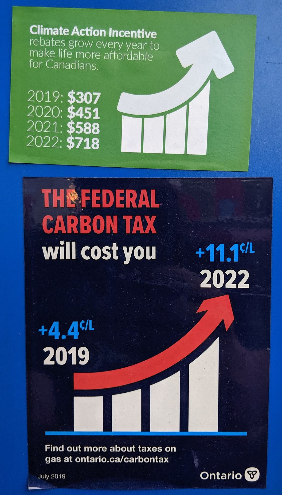 Climate Action Incentive sticker above the Carbon Tax will cost you sticker.