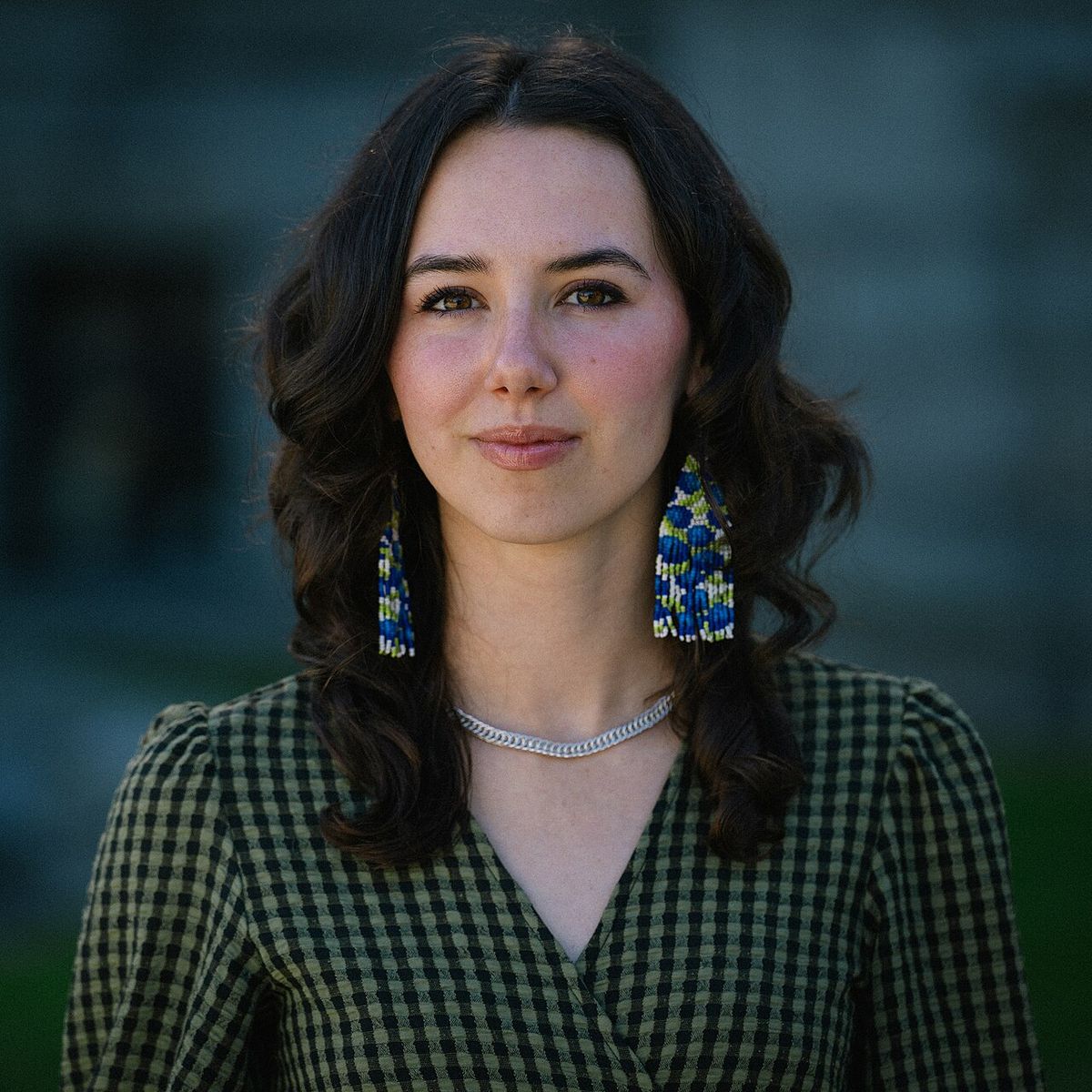 Emily Lowan, Leader of the BC Greens, outside the BC Parliament Buildings in Victoria.