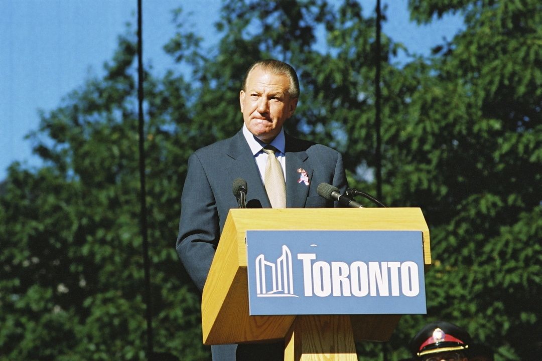 Premier of Ontario Ernie Eves speaks at a one year memorial service in Toronto to the September 11 terrorist attacks in New York City.