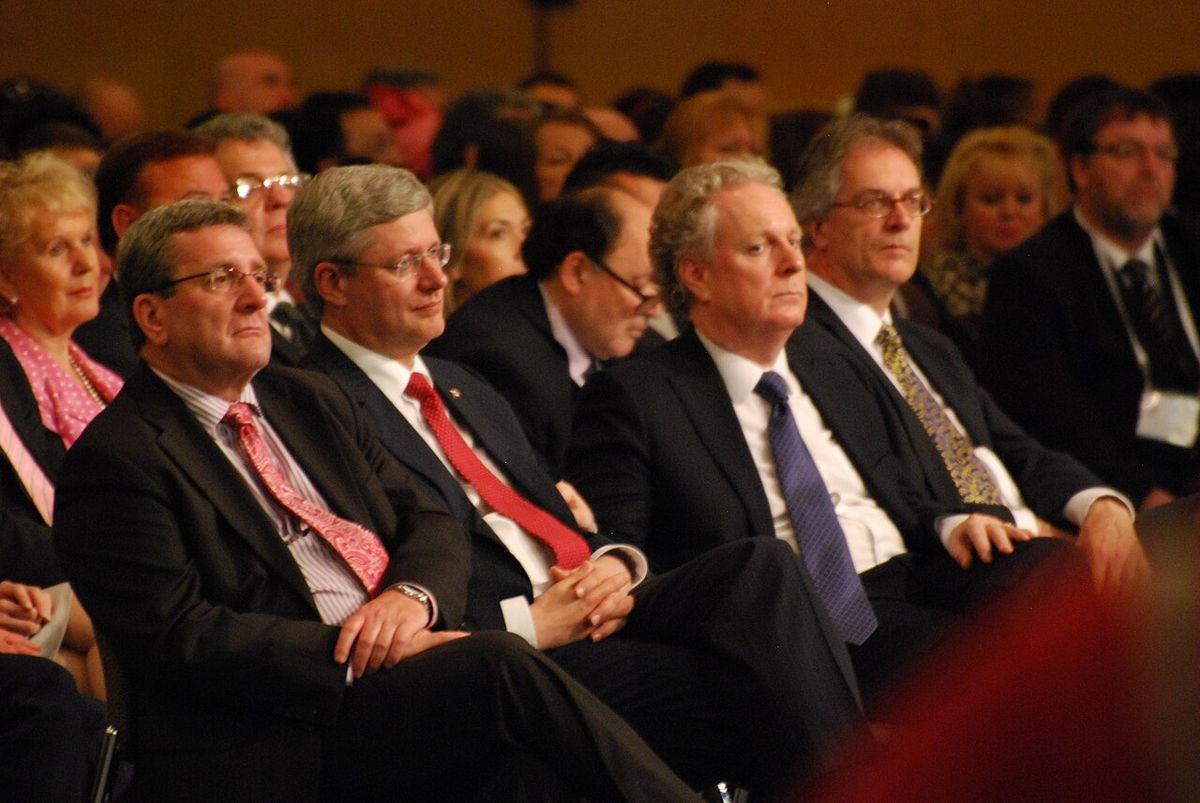 Régis Labeaume, Stephen Harper et Jean Charest au Forum mondial de la langue française.