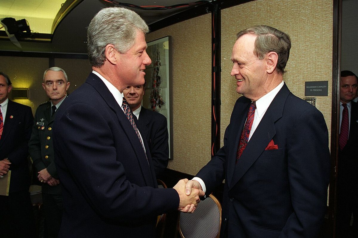 US President Bill Clinton greets Canadian Prime Minister Jean Chrétien at the 1993 Asia-Pacific Economic Cooperation Summit, Blake Island, S