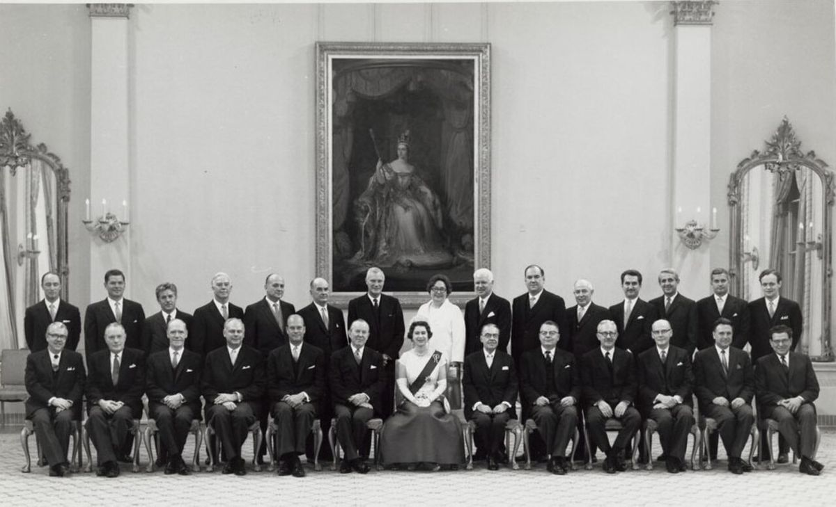 Her Majesty Queen Elizabeth II and her Canadian Ministers at Rideau Hall(Front row: l.-r.:) Hérard Robichaud, Arthur Laing, Mitchell Sharp,