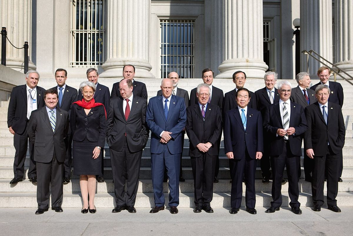 G7 finance ministers (front row) and central bank governors (back row) gather for a group picture during meetings at the U.S. Treasury Depar