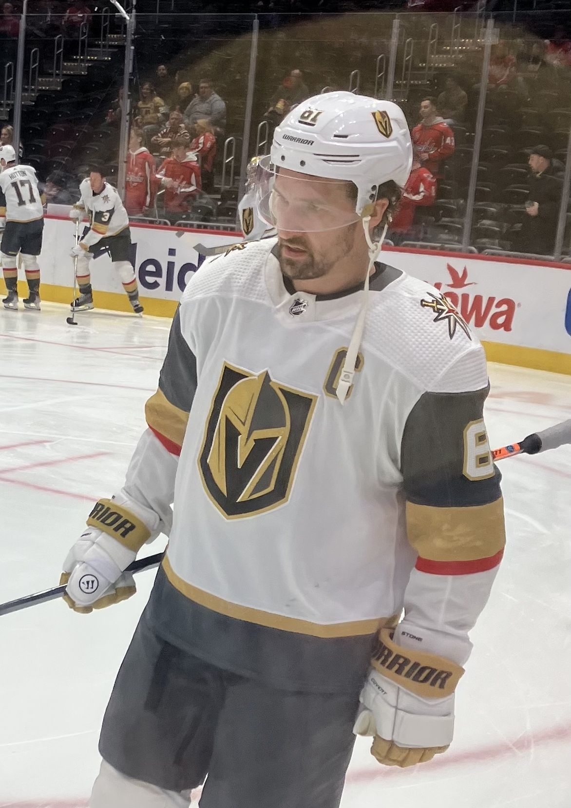 Vegas Golden Knights captain Mark Stone, during warmups prior to a game against the Washington Capitals on November 14, 2023.