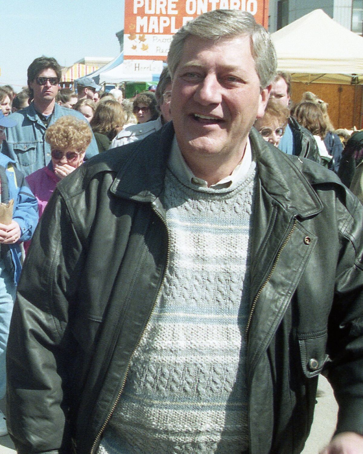 Mike Harris (Ontario Premier), Elizabeth Witmer, local MPP at pancake festival in Elmira, Ontario, April 1, 1996