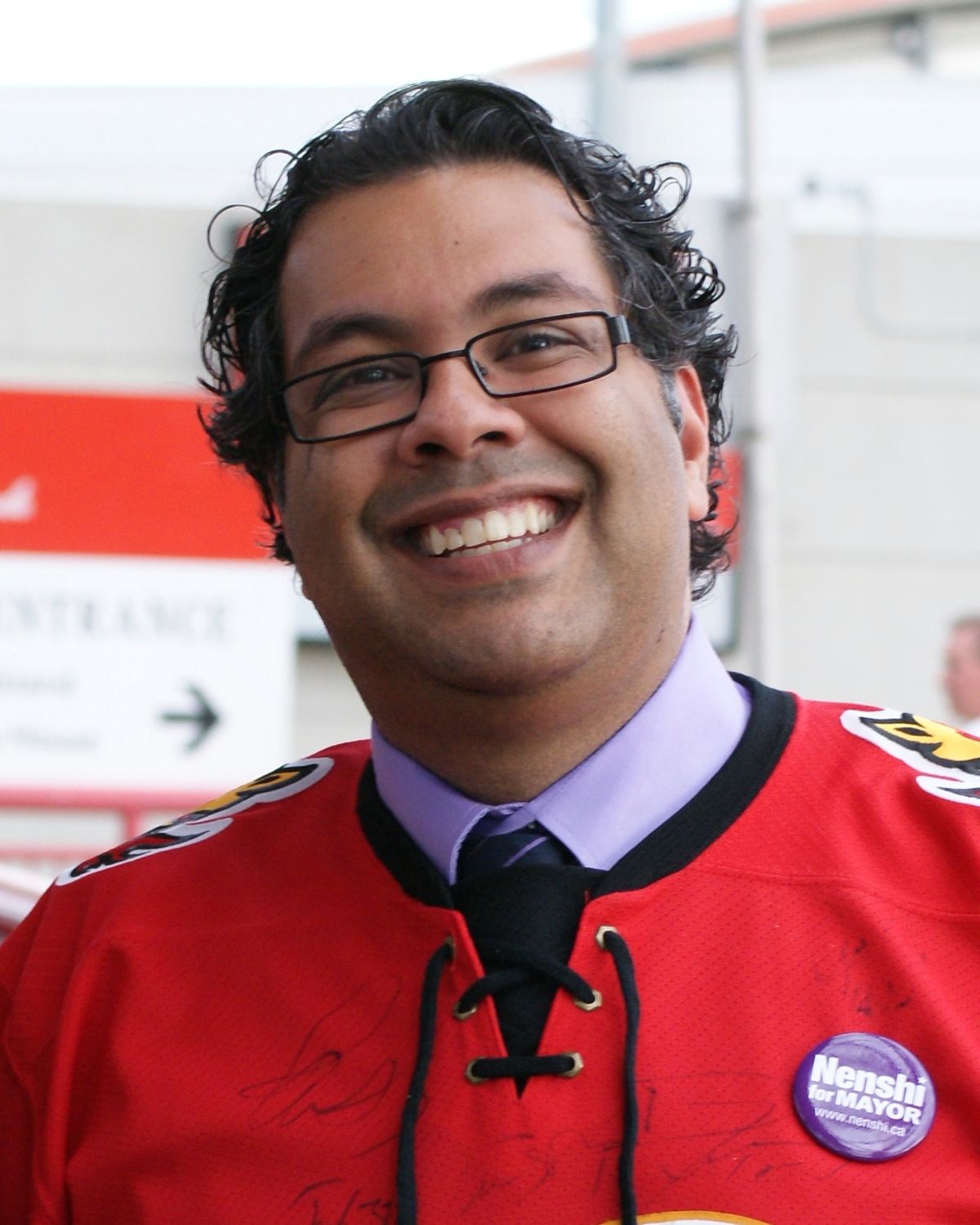 Naheed Nenshi, 36th mayor of the City of Calgary, Alberta, wearing a Calgary Flames jersey. Photo taken October 10, 2010 (8 days before his