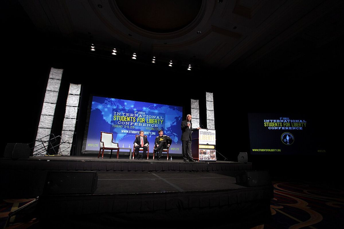 Former U.S. Congressman Ron Paul, Judge Andrew Napolitano and Nick Gillespie speaking at the 2015 International Students for Liberty Confere