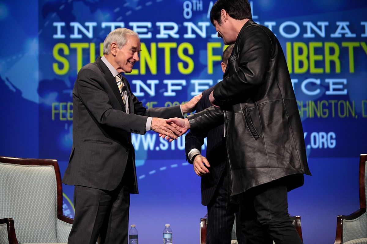 Former U.S. Congressman Ron Paul, Judge Andrew Napolitano and Nick Gillespie speaking at the 2015 International Students for Liberty Confere