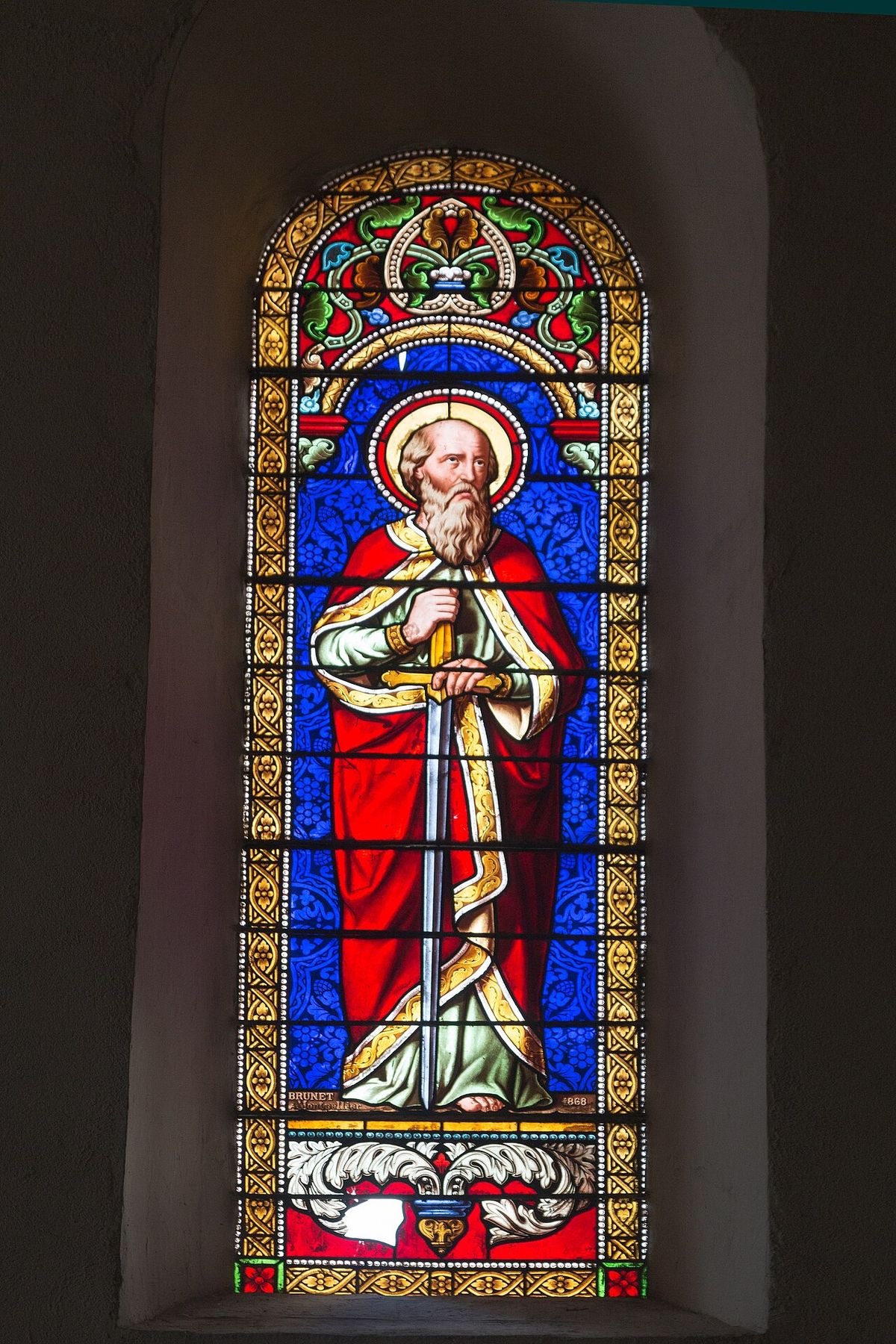 St. Paul stained glass signed Brunet master glassmaker in Montpellier.