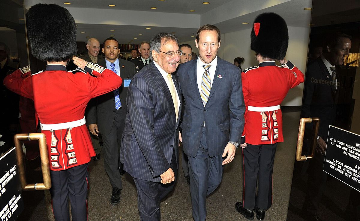 Secretary of Defense Leon E. Panetta is greeted by Canadian Minister of National Defense Peter MacKay as he arrives for trilateral meetings
