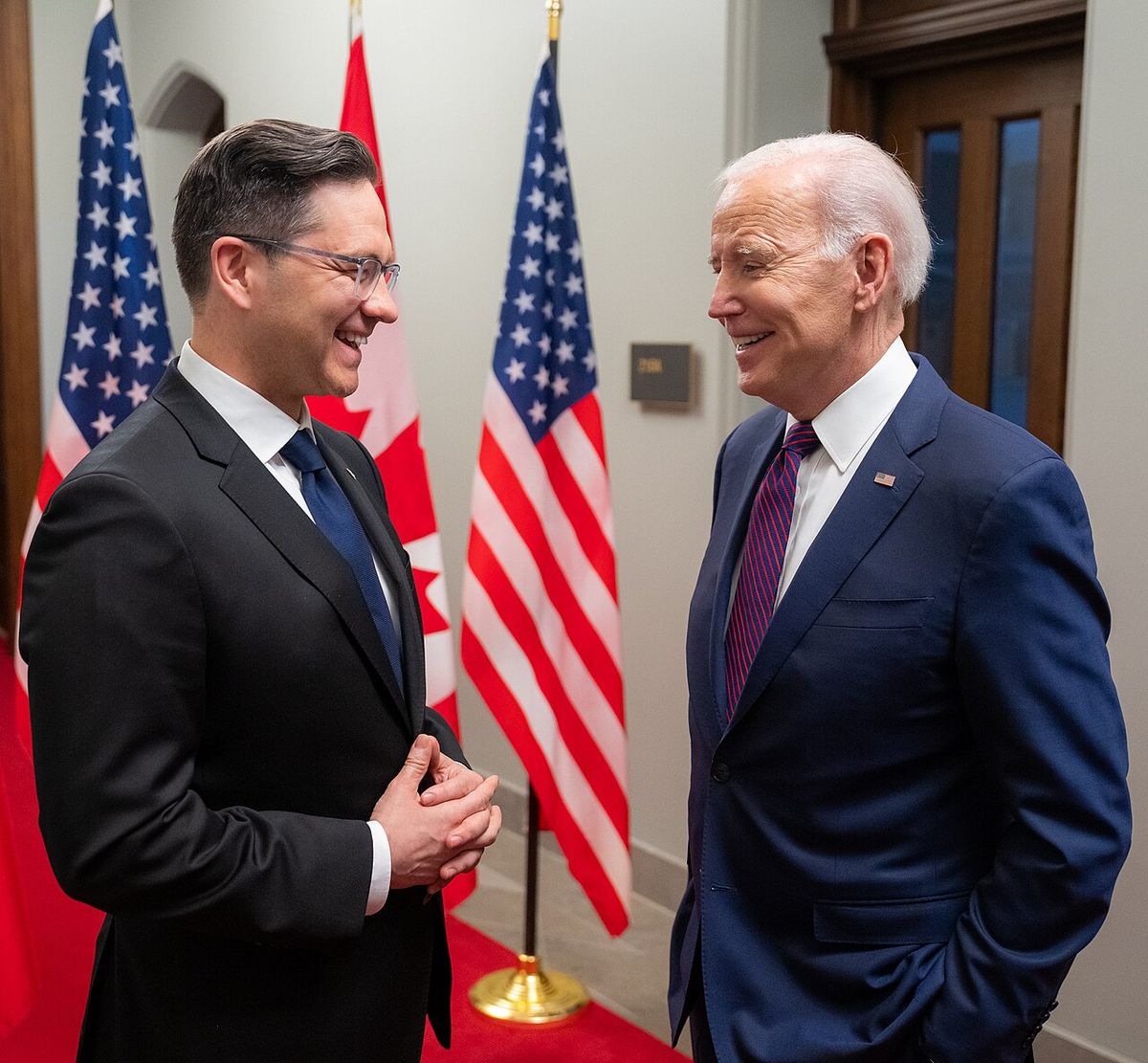 President Joe Biden participates in a pull-aside meeting with the Canadian Opposition Leader Pierre Poilievre, Friday, March 24, 2023, at Pa