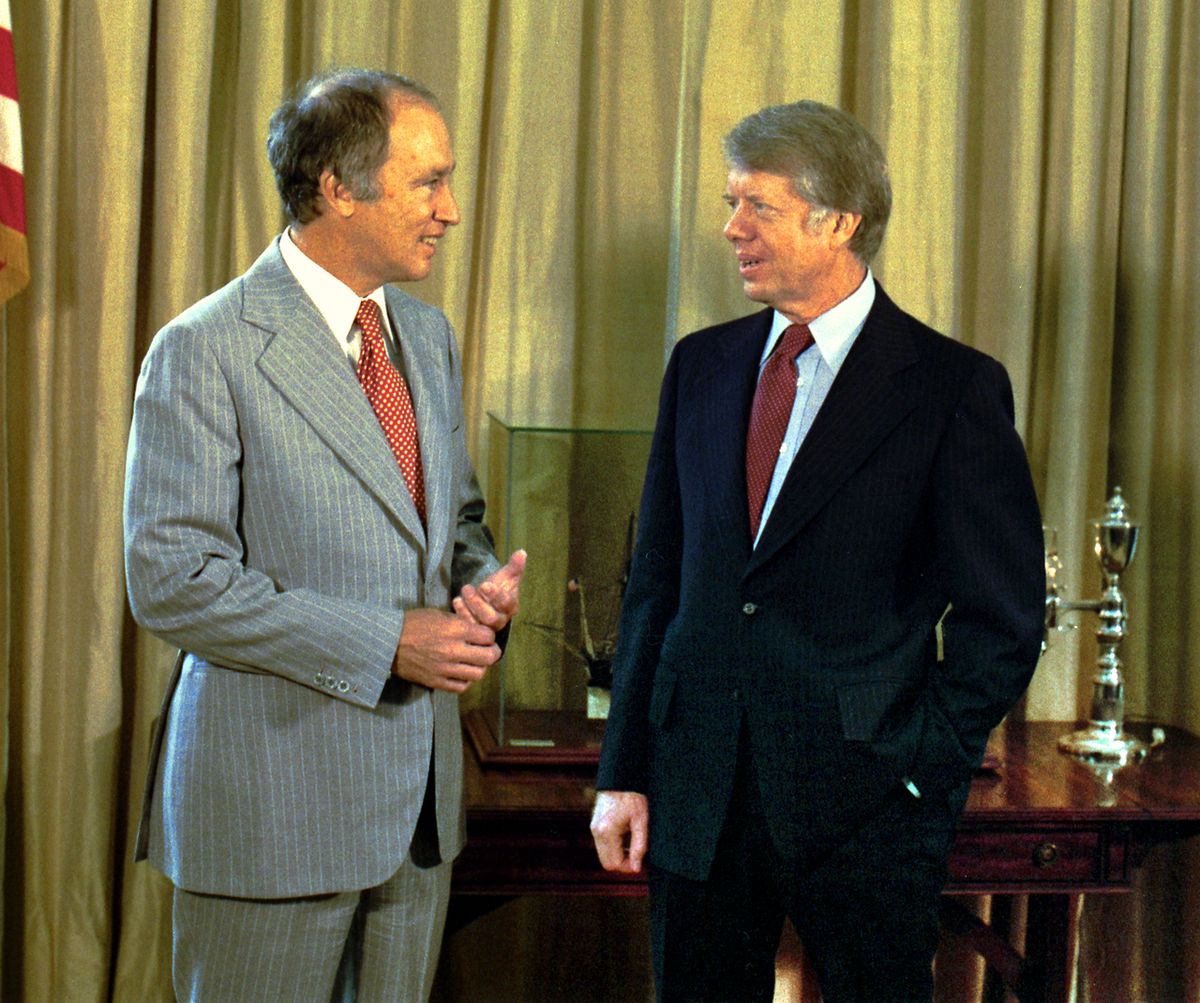 Canadian Prime Minister Pierre Trudeau with President Jimmy Carter in the Oval Office., 9/9/1977. (TECHNICAL NOTE: Cropped and color correct